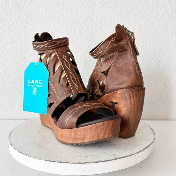 NEW Lane Boots BECCA Womens Brown Wedges 10 Western Cowgirl Wooden Heel Sandals - Picture 1 of 10